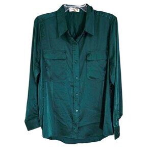 Industry Women's Green Button Up Long Sleeve Collared Chest‎ Pocket Size L NWT
